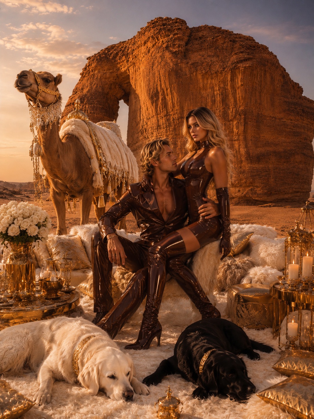 Andrea e Giorgina in pelle bordeaux deserto cammello cani
