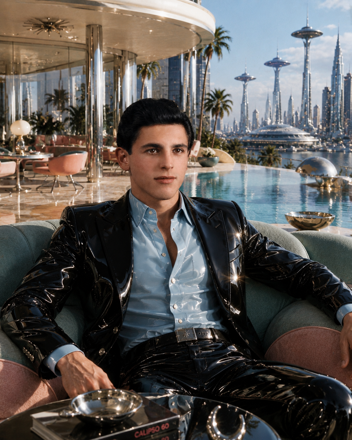 Chino in terrazza vestito elegante con Calipso 60 sul tavolino