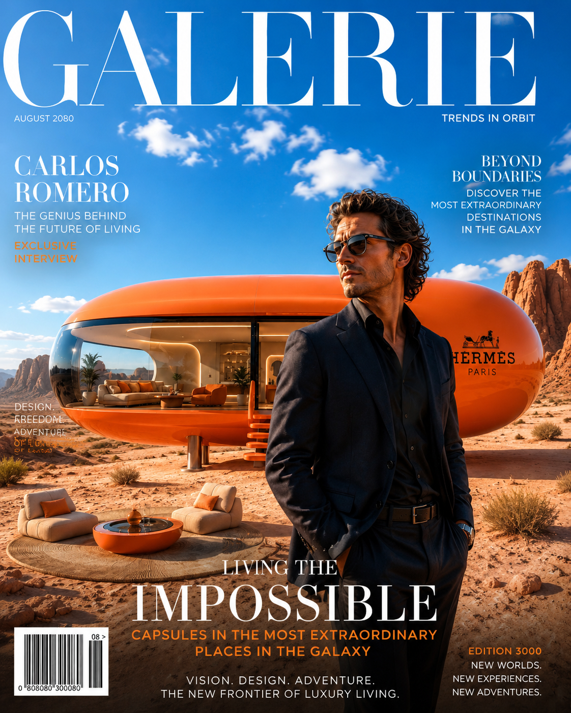 Copertina Galerie Trends in Orbit Carlos Romero Living the Impossible capsula Hermes deserto