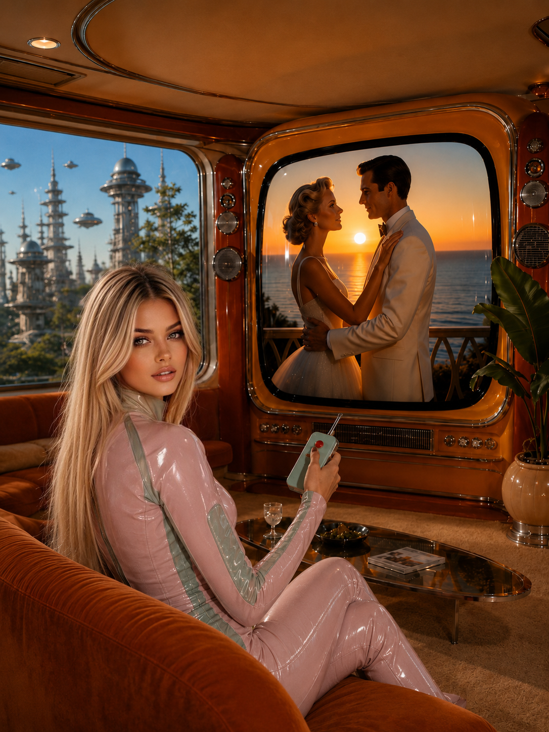 Giorgina in rosa sul divano velluto guarda film romantico sul televisore vintage con vista skyline e UFO